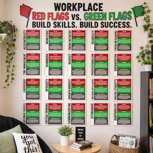 Könnte beinhalten: Eine Wandgestaltung mit dem Text WORKPLACE RED FLAGS VS. GREEN FLAGS BUILD SKILLS. BUILD SUCCESS. und zwanzig rechteckigen Postern in einem Raster. Jedes Poster kontrastiert rote und grüne Bereiche mit Details zu beruflichem Verhalten.