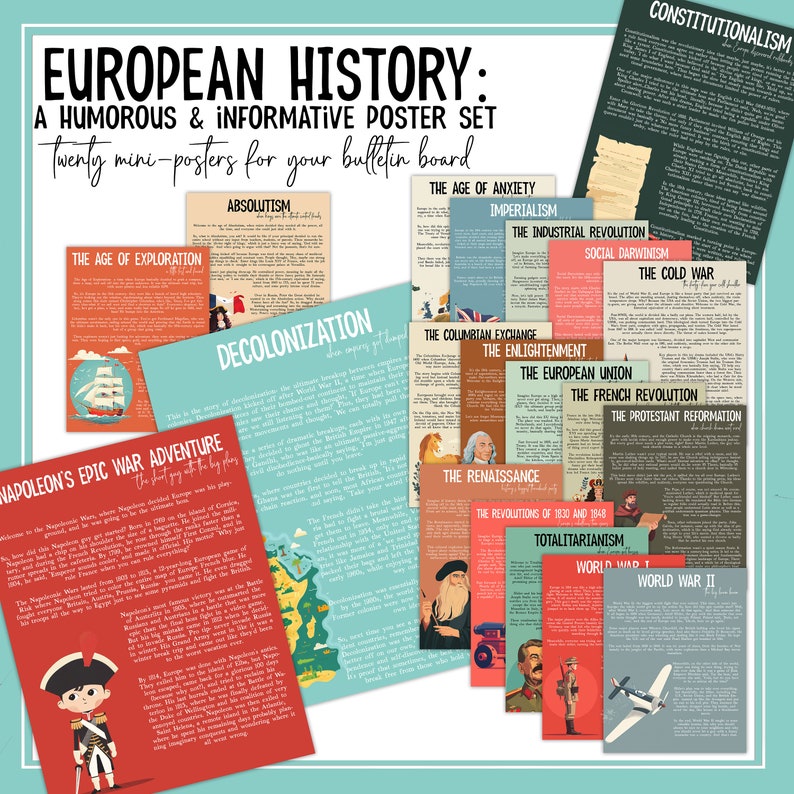 May include: A set of 20 colorful posters illustrating key events in European history. Each poster features a humorous illustration and text describing the event. The posters are titled with phrases like "The Age of Exploration", "The French Revolution", and "World War II".