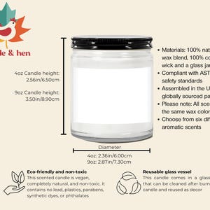 May include: A clear glass jar candle with a black lid and a blank white label. Dimensions are 6.50 cm or 8.90 cm in height and 6.00 cm or 7.30 cm in diameter. Text details include material composition, safety standards, and country of assembly.