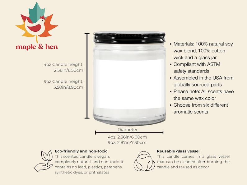 May include: A clear glass jar candle with a black lid and a blank white label. Dimensions are 6.50 cm or 8.90 cm in height and 6.00 cm or 7.30 cm in diameter. Text details include material composition, safety standards, and country of assembly.