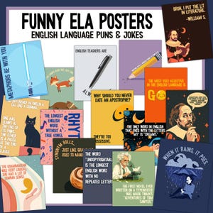 Carteles para el aula de inglés / Tablón de anuncios con chistes divertidos de ELA / Paquete de decoración de carteles con juegos de palabras para profesores de literatura y gramática / Medio