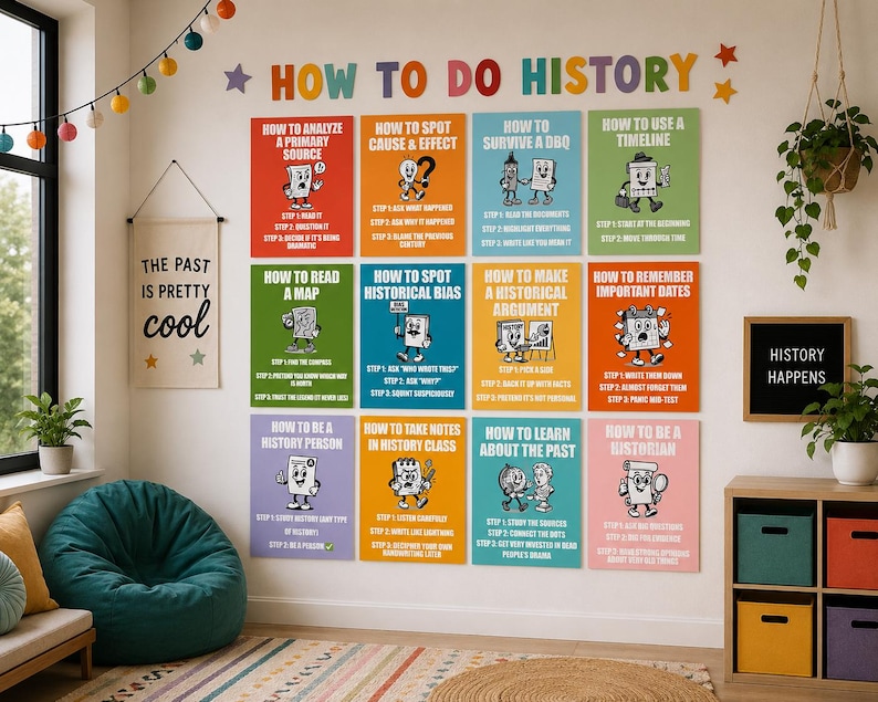 Pu&ograve; includere: Una parete di classe espone poster colorati con titoli di lezioni di storia come "Come analizzare una fonte primaria" e "Come usare una cronologia". La frase "Come fare storia" &egrave; in alto. Un cartello dice "Il passato &egrave; piuttosto bello".