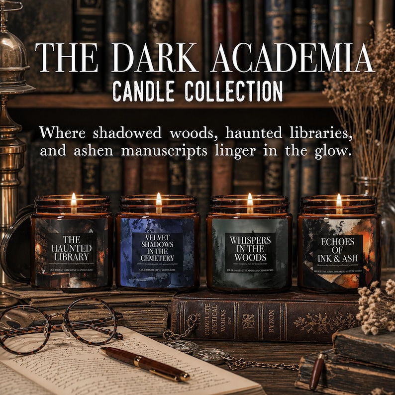 May include: The Dark Academia Candle Collection features four lit candles in glass jars. Each candle has a label with a unique name: "The Haunted Library", "Velvet Shadows in the Cemetery", "Whispers in the Woods", and "Echoes of Ink & Ash". The candles sit on a wooden surface with books and a pen.