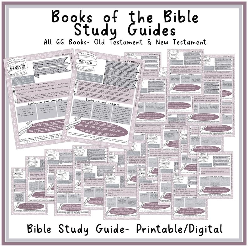 May include: A set of 66 printable or digital Bible study guides. Each guide features a different book of the Bible, with the title of the book and the author listed at the top. The guides include key themes, symbolism and imagery, and additional information about the book.