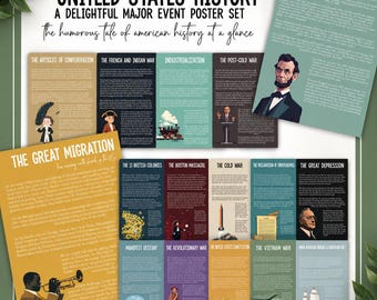 Conjunto de carteles para tablón de anuncios de Historia de EE. UU. / Divertidos carteles de Historia de EE. UU. para AP American / Aula de Estudios Sociales de secundaria / Paquete de decoración de carteles de Estados Unidos