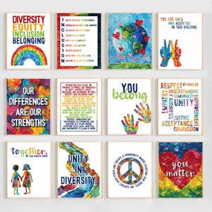 May include: A collection of framed art prints with messages of diversity, equity, inclusion, and belonging. The prints feature colorful designs, including a rainbow, a globe with hearts, and the words "You Belong."
