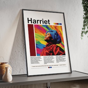 May include: A colourful geometric portrait of Harriet Tubman, a courageous abolitionist, escaped slavery, and conductor on the Underground Railroad. The quote "I never ran my train off the track and I never lost a passenger" is displayed below the portrait.