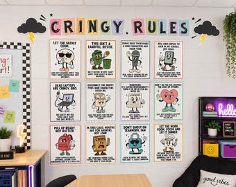 Funny Classroom Rules Poster Set | Gen Alpha Slang Decor for Middle School | Retro Cringe Classroom Management Signs for Teens | Gen Z Rules