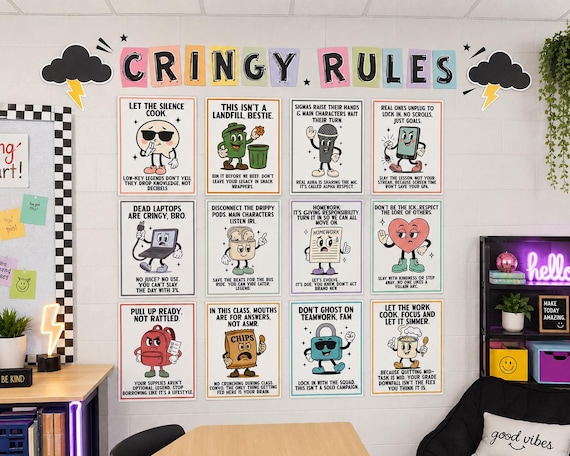 Funny Classroom Rules Poster Set | Gen Alpha Slang Decor for Middle School | Retro Cringe Classroom Management Signs for Teens | Gen Z Rules