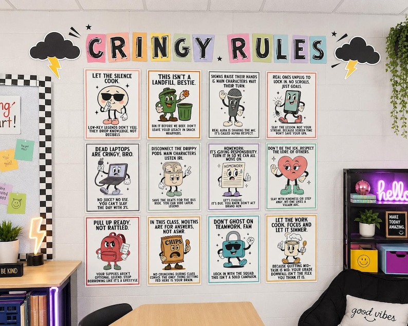 May include: A classroom wall displays a collection of posters with humorous illustrations and text. The posters, with a vintage aesthetic, feature phrases like "Cringy Rules" and various quirky sayings. The overall theme is educational and motivational, with a touch of humor.