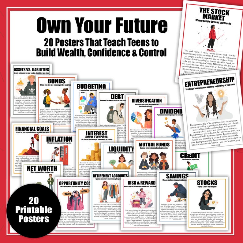 May include: A collection of 20 educational posters titled Own Your Future, designed to teach teens about wealth, confidence, and control. Each poster features bold black text headings, colorful illustrations, and descriptive paragraphs on financial topics.