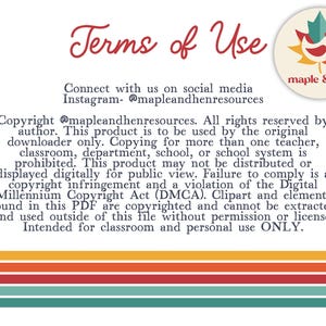 Op de afbeelding: Een digitaal document getiteld Terms of Use met het maple & hen logo en een vogelicoon. De tekst beschrijft auteursrechtelijke beperkingen, verbiedt ongeoorloofde verspreiding en specificeert dat dit PDF-bestand enkel voor persoonlijk gebruik is.