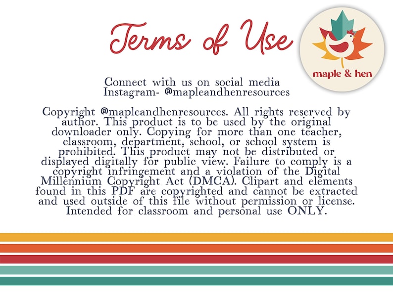 Op de afbeelding: Een digitaal document getiteld Terms of Use met het maple & hen logo en een vogelicoon. De tekst beschrijft auteursrechtelijke beperkingen, verbiedt ongeoorloofde verspreiding en specificeert dat dit PDF-bestand enkel voor persoonlijk gebruik is.