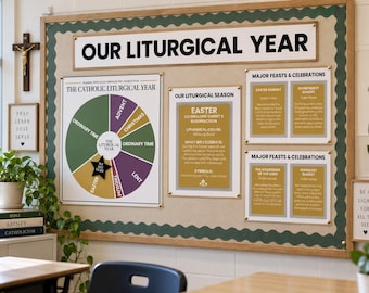 Catholic Liturgical Year Bulletin Board Kit | Church Calendar Wheel, Seasons, Feasts & Celebrations | Catholic Classroom Decor Printable
