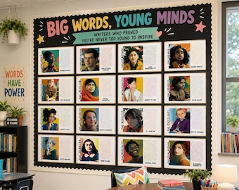 Young Writers Bulletin Board Poster Set | 16 Kids and Teens Authors | ELA Author Posters | English Teacher Printable Classroom Decor