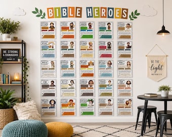 Studio sugli eroi della Bibbia per bambini / Set di poster e bacheche con personaggi della Bibbia / Versetti della Bibbia e tratti caratteriali per la scuola domenicale e l'istruzione parentale
