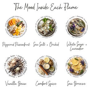 Op de afbeelding: Een verzameling van zes cirkelvormige arrangementen van botanische en voedselingredi&euml;nten met het opschrift The Mood Inside Each Flame. De sets bevatten Peppered Passionfruit, Sea Salt + Orchid, White Sage + Lavender, Vanilla Bean, Comfort Spice en Sea Breeze.