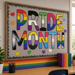 May include: A display board with the words "PRIDE MONTH" in rainbow-coloured letters, each representing different LGBTQ+ flags. Decorative hearts in various colours surround the text. A sign on the left reads "BE KIND, BE YOU, BE PROUD."