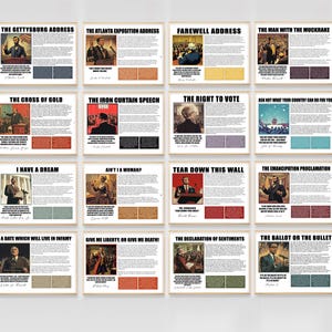 May include: A collage of 16 posters featuring famous speeches and quotes from historical figures. Each poster has a vintage style with a red, white, and blue color scheme. The posters include quotes from Abraham Lincoln, Martin Luther King Jr., and more.