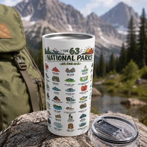 The 63 National Parks Tumbler | US NP Parks Souvenir Travel Mug Gift | United States Road Trip Gifts | Camping Travel Vacation Christmas