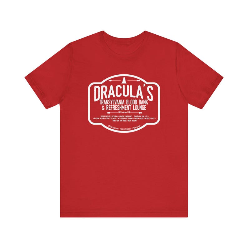 Dracula Shirt | Transylvania Blood Bank Tee | Classic Horror Literary TShirt | Vampire Humor Gift, Gothic Book Lover Dark Academia Aesthetic Red