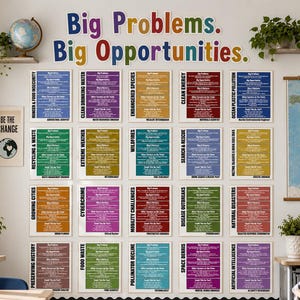 Könnte beinhalten: Eine Wandgestaltung mit dem Text Big Problems. Big Opportunities. über zwanzig rechteckigen, rasterförmig angeordneten Lehrplakaten. Jedes Plakat enthält spezifische Berufsinformationen, farbcodierte Abschnitte und Überschriften wie Hunger and Food Insecurity, Clean Drinking Water und Artificial Intelligence.