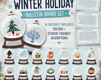 World Winter Holidays Snow globe Bulletin Board | 16 Holidays Around the World Religions Posters, Diwali Hanukkah Kwanzaa New Years Yule Set