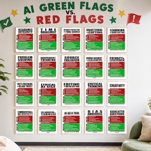 May include: A wall display featuring the title AI GREEN FLAGS vs. RED FLAGS with twenty individual posters arranged in a grid. Each poster contains a comparison chart with red sections for red flags and green sections for green flags.