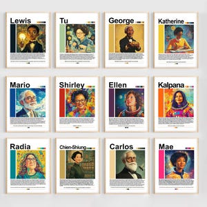 May include: A set of 12 colorful posters featuring portraits of diverse individuals with their names in black text at the top. Each poster has a unique color scheme and a small rectangle with a pattern at the top.