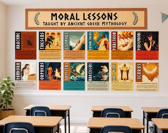 Greek Mythology Bulletin Board Set | Mythical Moral Lessons Posters | Middle School ELA Classroom Decor | Ancient Greece with Life Lessons