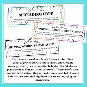May include: A set of reward cards with phrases such as "Spreading Hype" and "Powering Through Like a Legend." Each card has a colourful border and a black dotted pattern. The cards are designed to encourage positive behaviour.