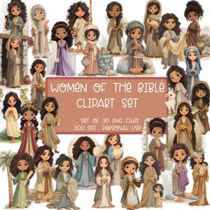 Peut inclure: Ensemble de cliparts numériques représentant des illustrations de femmes de la Bible. L'ensemble comprend 30 fichiers PNG avec une résolution de 300 DPI, adaptés à un usage personnel. Les femmes sont représentées dans diverses poses et tenues.