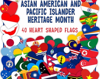 AAPI Country Heart Flags | Asian American and Pacific Islander Heritage Month Bulletin Board Decor | 40 Printable Flag History Set