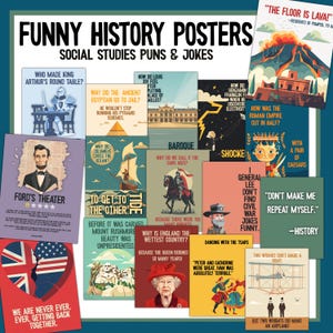 Carteles de historia / Tablón de anuncios con chistes divertidos sobre estudios sociales / Juego de carteles de historia / Aula de estudios sociales / Escuela secundaria / Escuela preparatoria