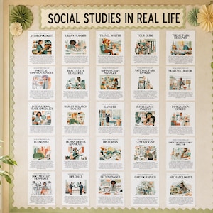 May include: A bulletin board titled SOCIAL STUDIES IN REAL LIFE featuring twenty-five rectangular posters. Each poster displays a specific career title, a corresponding illustration of a professional at work, and descriptive text about the role.