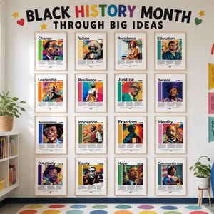 Puede incluir: Una exhibición mural con carteles enmarcados con el texto "BLACK HISTORY MONTH THROUGH BIG IDEAS". Cada cartel muestra un retrato y una palabra relacionada como "Change", "Voice" y "Education". La habitación está decorada con acentos coloridos.