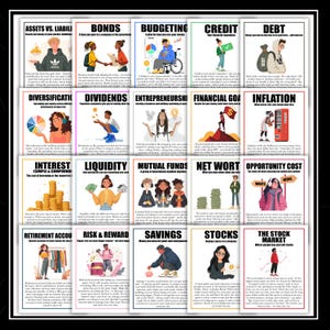 May include: A collection of twenty educational financial posters arranged in a grid, each featuring a unique title, descriptive text, and a colorful illustration explaining concepts like assets, bonds, budgeting, credit, debt, and the stock market.