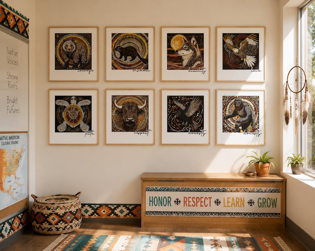 アート・デザイン・音楽 PR:OUD - TROTS OP LEEFTIJD Seven Grandfather Teachings Dot Art Poster Set | Indigenous