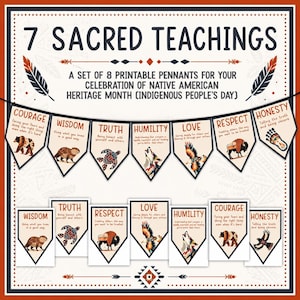 以下が含まれることがあります： 「7 Sacred Teachings」と題された8枚の印刷可能なペナントセット。Courage、Wisdom、Truth、Humility、Love、Respect、Honestyの動物のイラストと説明文が特徴です。デザインには、吊り下げられたペナントの列と個別のカードが含まれています。
