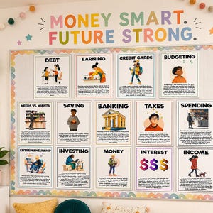 May include: A colorful bulletin board with the text "MONEY SMART. FUTURE STRONG." features educational posters on financial topics like debt, earning, and budgeting. The board is decorated with a scalloped border and colorful pom-poms.