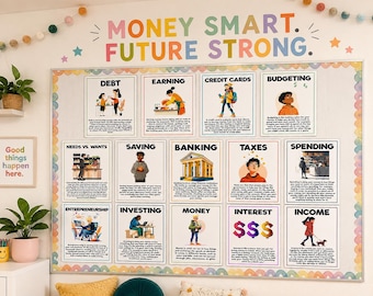 May include: A colorful bulletin board with the text "MONEY SMART. FUTURE STRONG." features educational posters on financial topics like debt, earning, and budgeting. The board is decorated with a scalloped border and colorful pom-poms.