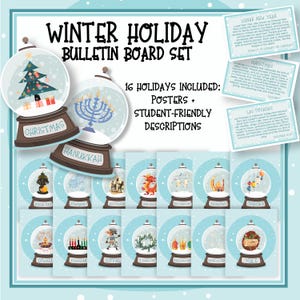 World Winter Holidays Snow globe Bulletin Board | 16 Holidays Around the World Religions Posters, Diwali Hanukkah Kwanzaa New Years Yule Set