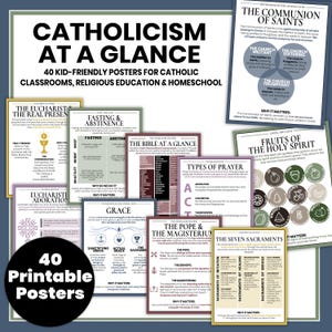 May include: A collection of 40 educational posters titled Catholicism at a Glance, featuring black text on white backgrounds with coloured borders. Topics include the Communion of Saints, the Eucharist, Fasting, the Bible, Prayer, and the Seven Sacraments.