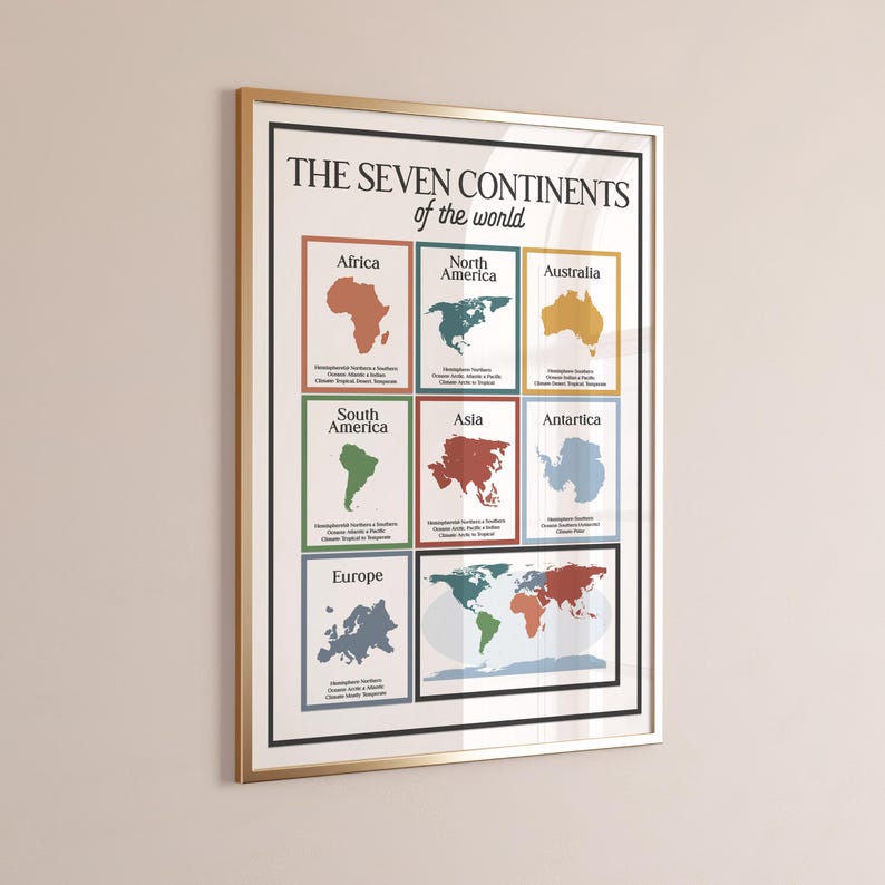 Seven Continents World Map Poster | Minimal Geography Printable | 7 ...