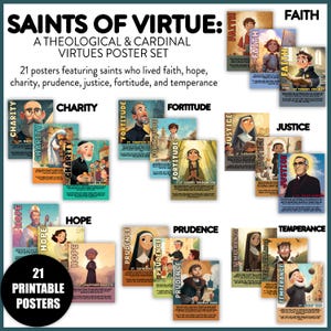 Catholic Theological & Cardinal Virtues Saint Poster Set | Religion School Bulletin Board Posters | Faith, Hope, Charity, Prudence, Justice
