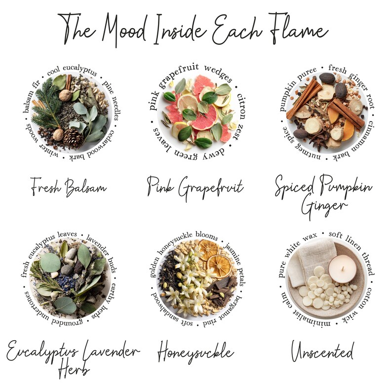 May include: The Mood Inside Each Flame chart displays six circular arrangements of ingredients. Fresh Balsam, Pink Grapefruit, Spiced Pumpkin Ginger, Eucalyptus Lavender Herb, Honeysuckle, and Unscented are labelled with their botanical components.