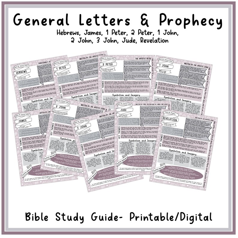 May include: A printable or digital Bible study guide for the New Testament books of Hebrews, James, 1 Peter, 2 Peter, 1 John, 2 John, 3 John, Jude, and Revelation. Each book is represented by a separate page with a title and a section for symbolism and imagery.