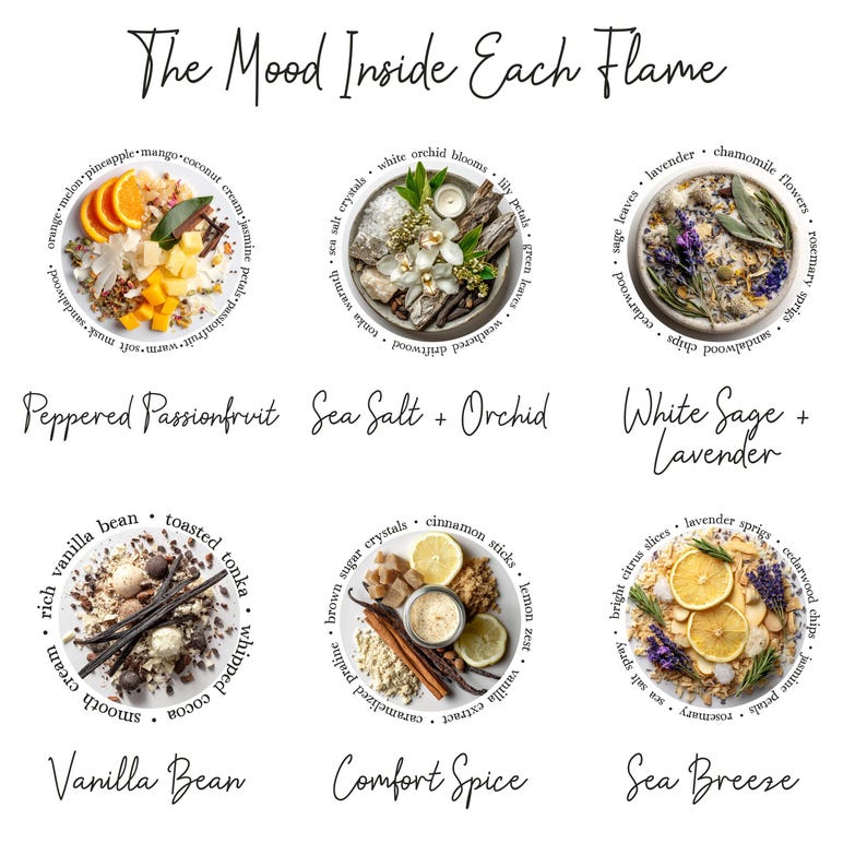 May include: A collection of six circular arrangements of botanical and food ingredients labelled The Mood Inside Each Flame. The sets include Peppered Passionfruit, Sea Salt + Orchid, White Sage + Lavender, Vanilla Bean, Comfort Spice, and Sea Breeze.