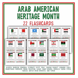 Tarjetas didácticas del Mes de la Herencia Árabe Estadounidense / Tarjetas didácticas de los países árabes para imprimir / Tablón de anuncios con descarga digital de la historia de los países árabes