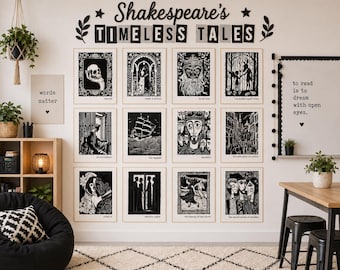 May include: A gallery wall featuring framed black and white illustrations of Shakespeare's plays. The artwork is arranged on a white wall, with the text "Shakespeare's Timeless Tales" above. A sign says "words matter".